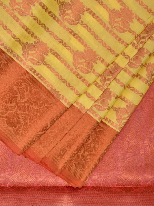 Mustard and Red Banaras Katan Silk Saree with Stripes and Body Butta Design b0136ds