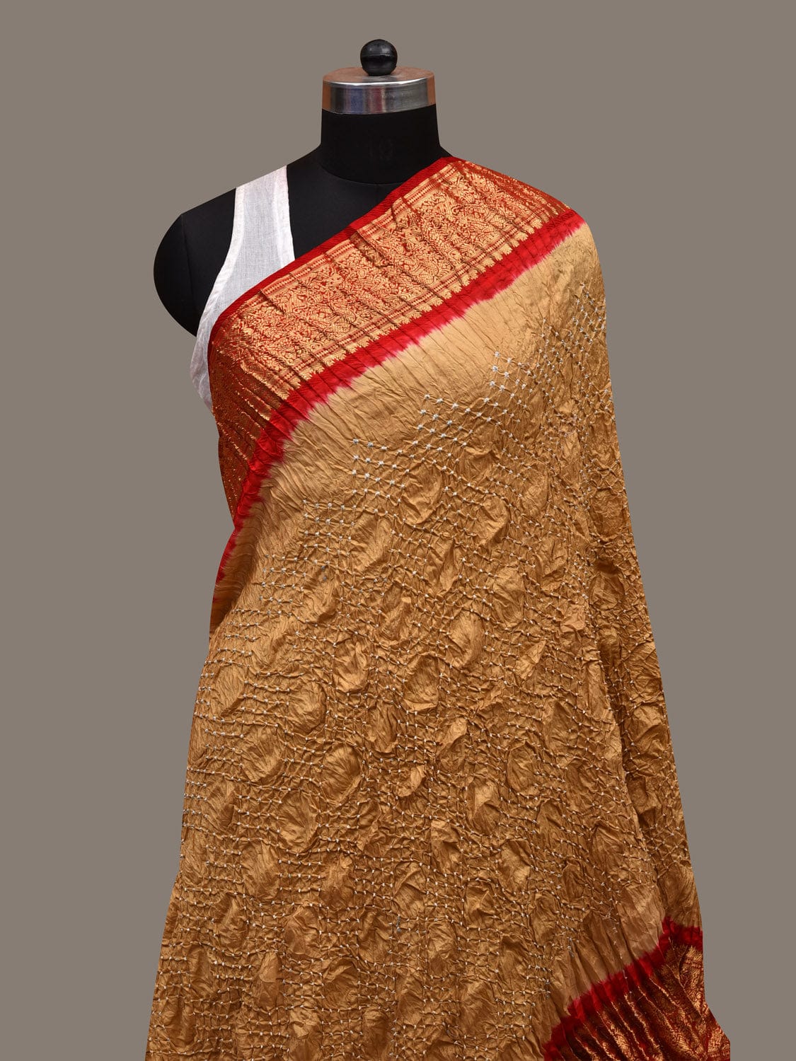 Mustard and Red Bandhani Kanchipuram Silk Handloom Dupatta with Border Design ds2692