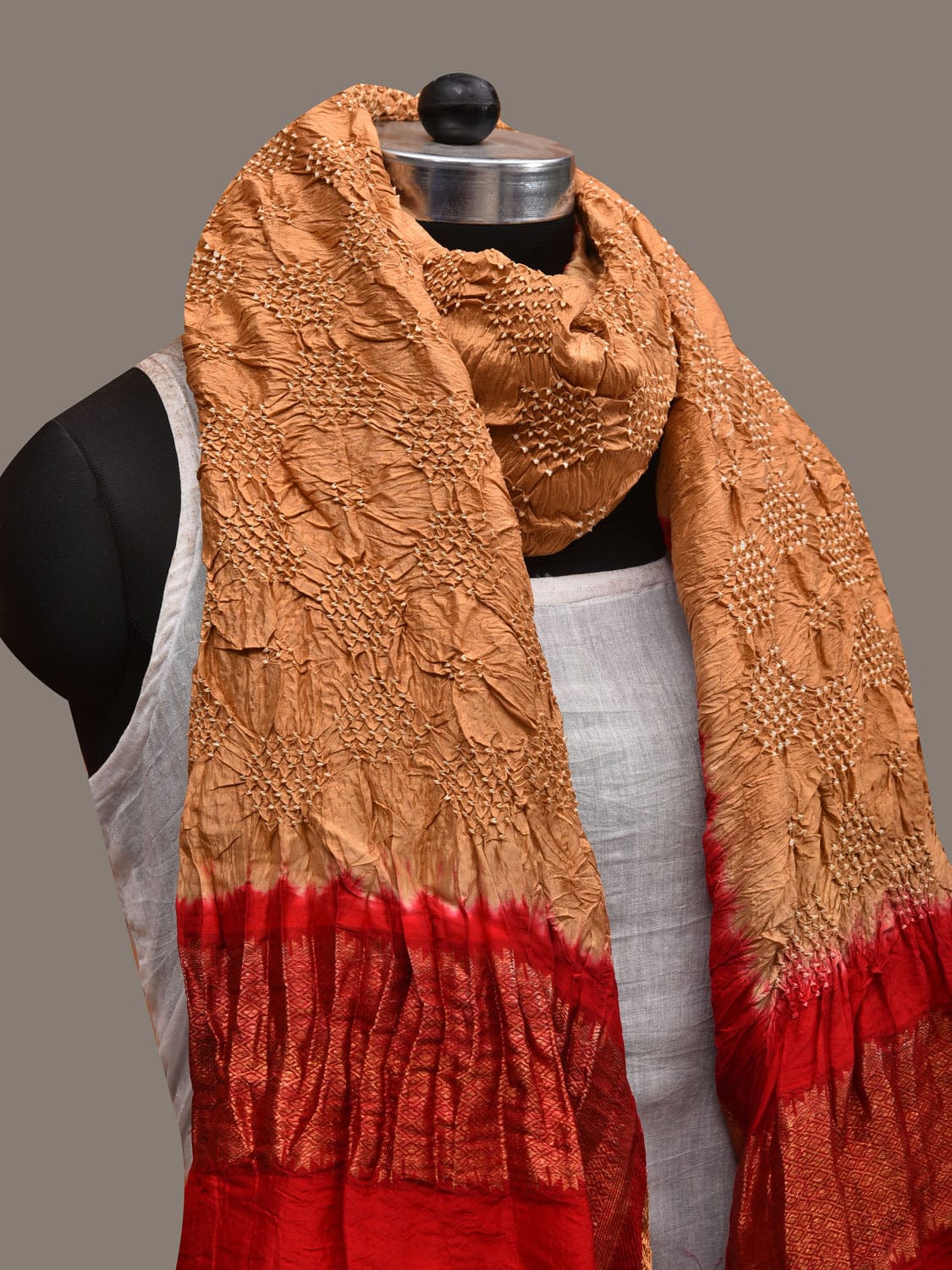 Mustard and Red Bandhani Kanchipuram Silk Handloom Dupatta with Border Design ds2847