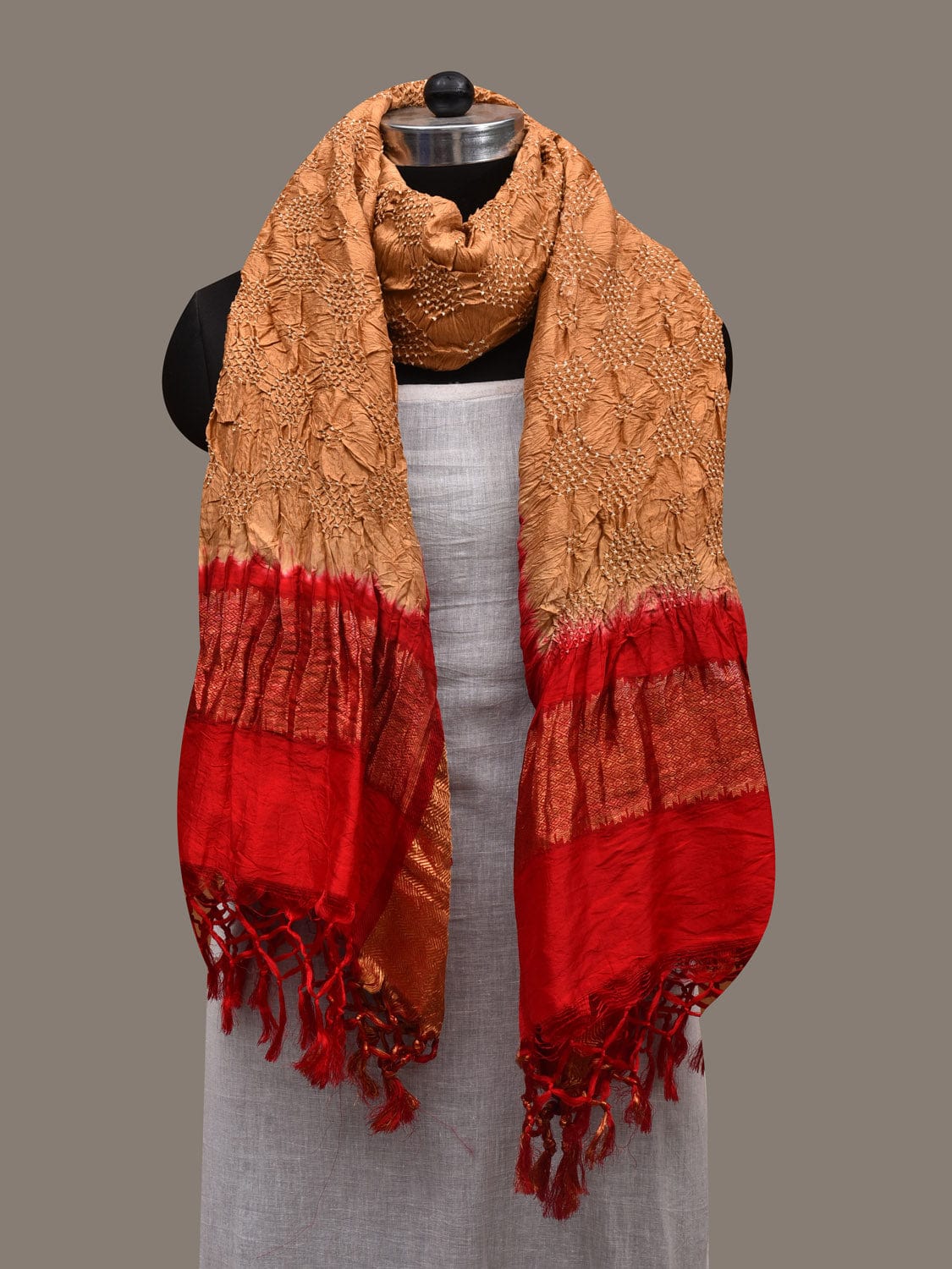 Mustard and Red Bandhani Kanchipuram Silk Handloom Dupatta with Border Design ds2847