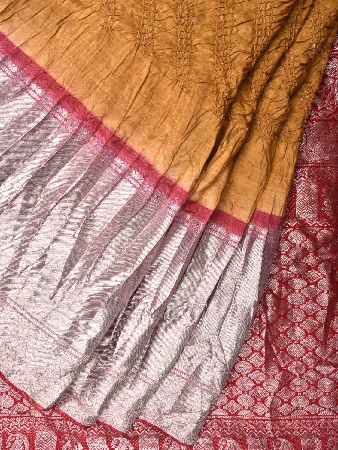 Mustard and Red Bandhani Kanchipuram Silk Handloom Saree with Diagonal Design bn0216