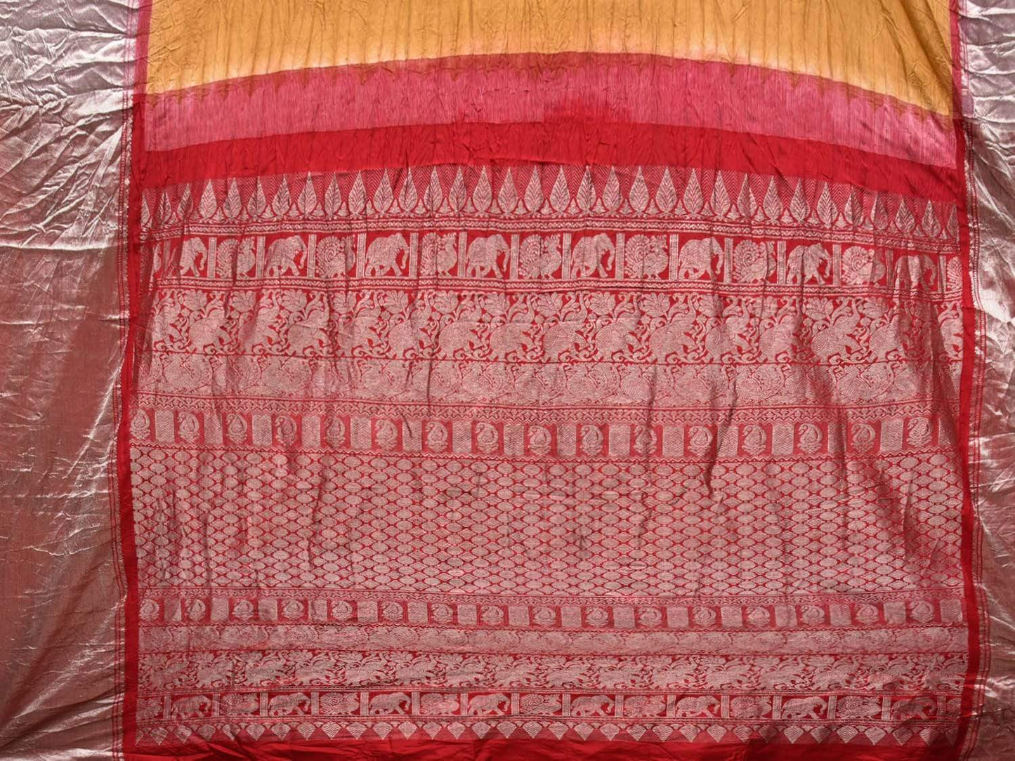 Mustard and Red Bandhani Kanchipuram Silk Handloom Saree with Diagonal Design bn0216