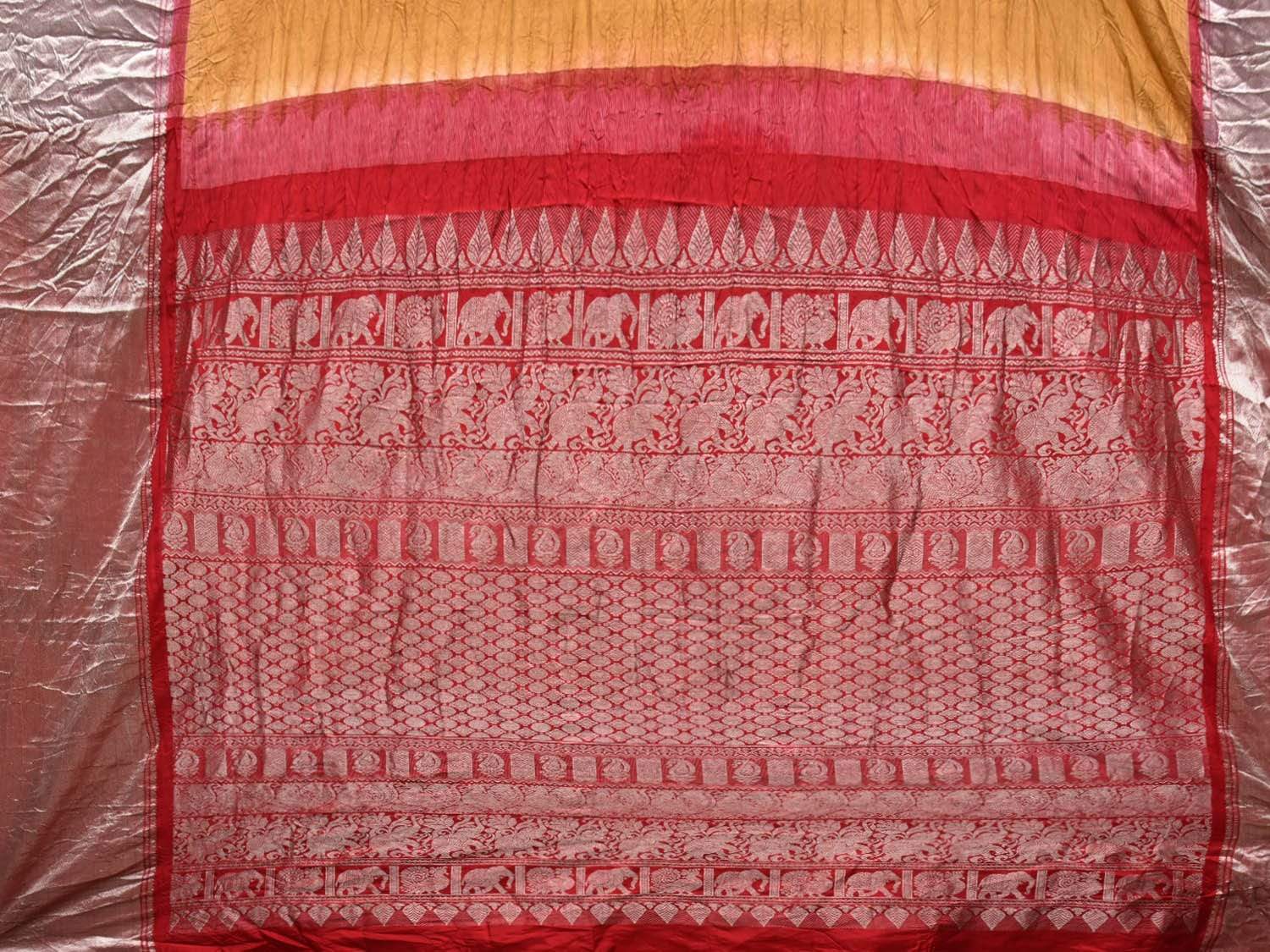 Mustard and Red Bandhani Kanchipuram Silk Handloom Saree with Diagonal Design bn0216