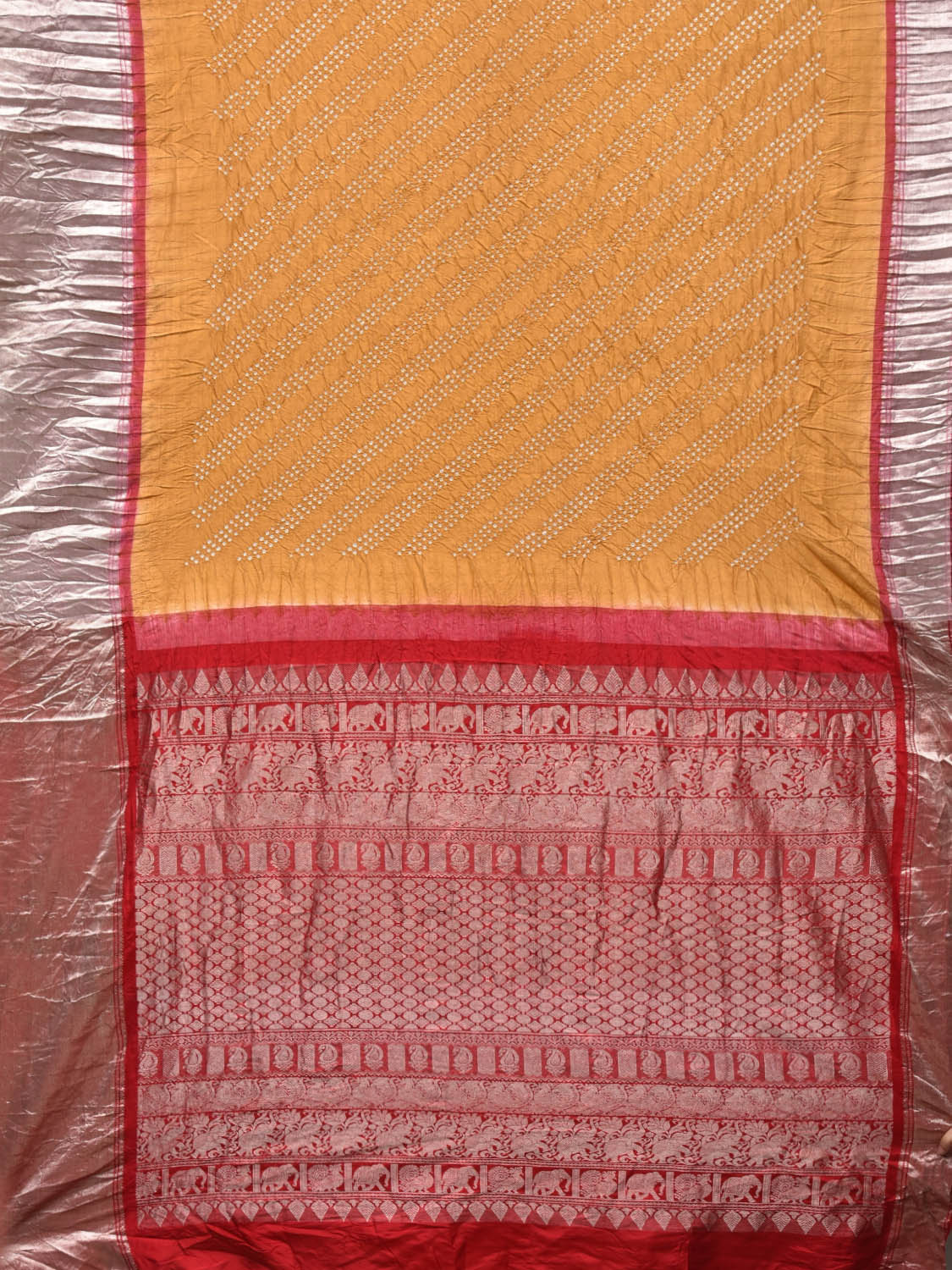 Mustard and Red Bandhani Kanchipuram Silk Handloom Saree with Diagonal Design bn0216