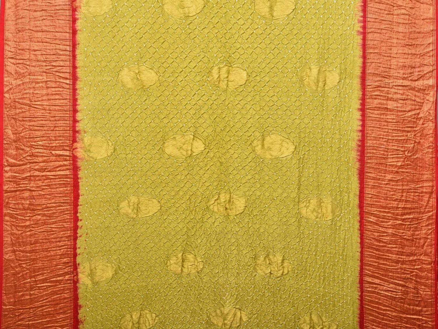 Mustard and Red Bandhani Uppada Silk Handloom Saree with Nilambari Buta Design bn0195