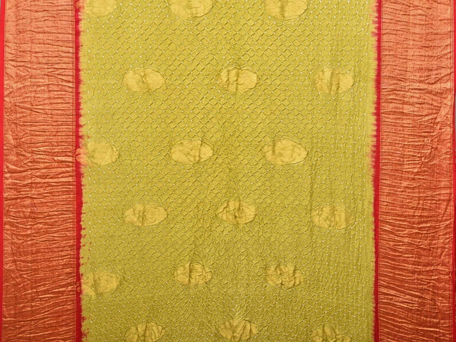 Mustard and Red Bandhani Uppada Silk Handloom Saree with Nilambari Buta Design bn0195