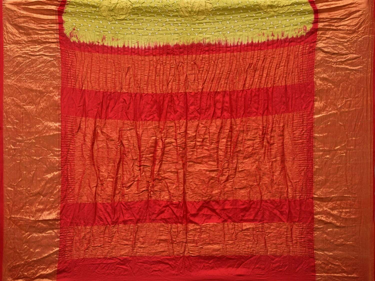 Mustard and Red Bandhani Uppada Silk Handloom Saree with Nilambari Buta Design bn0195