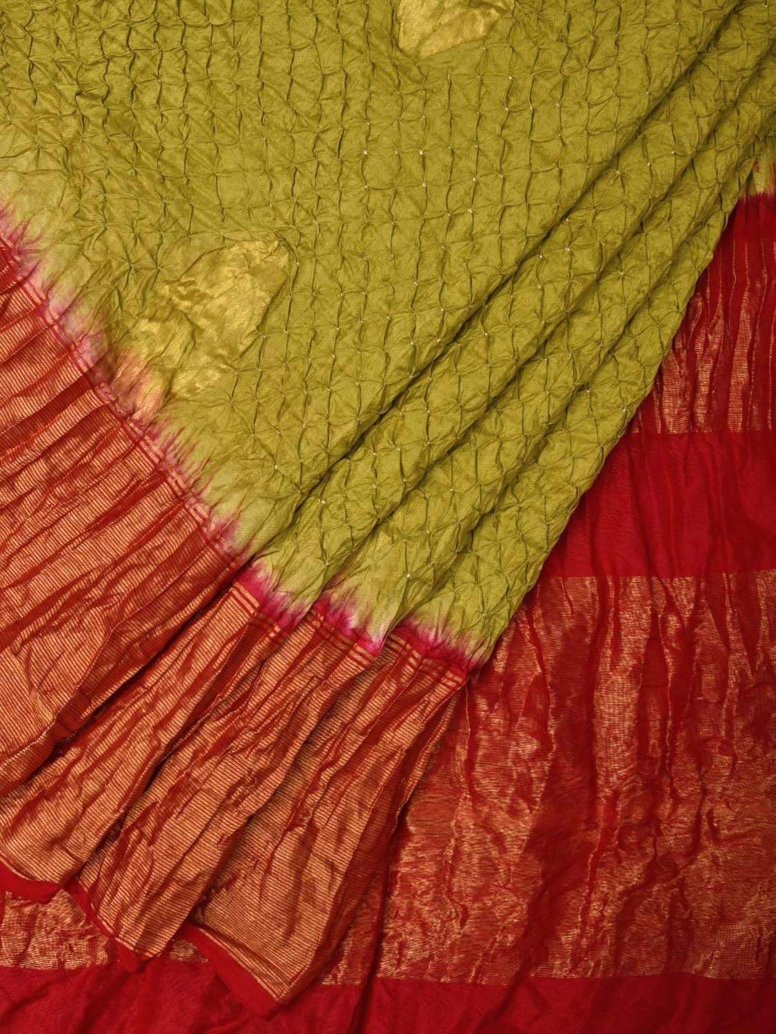 Mustard and Red Bandhani Uppada Silk Handloom Saree with Nilambari Buta Design bn0195