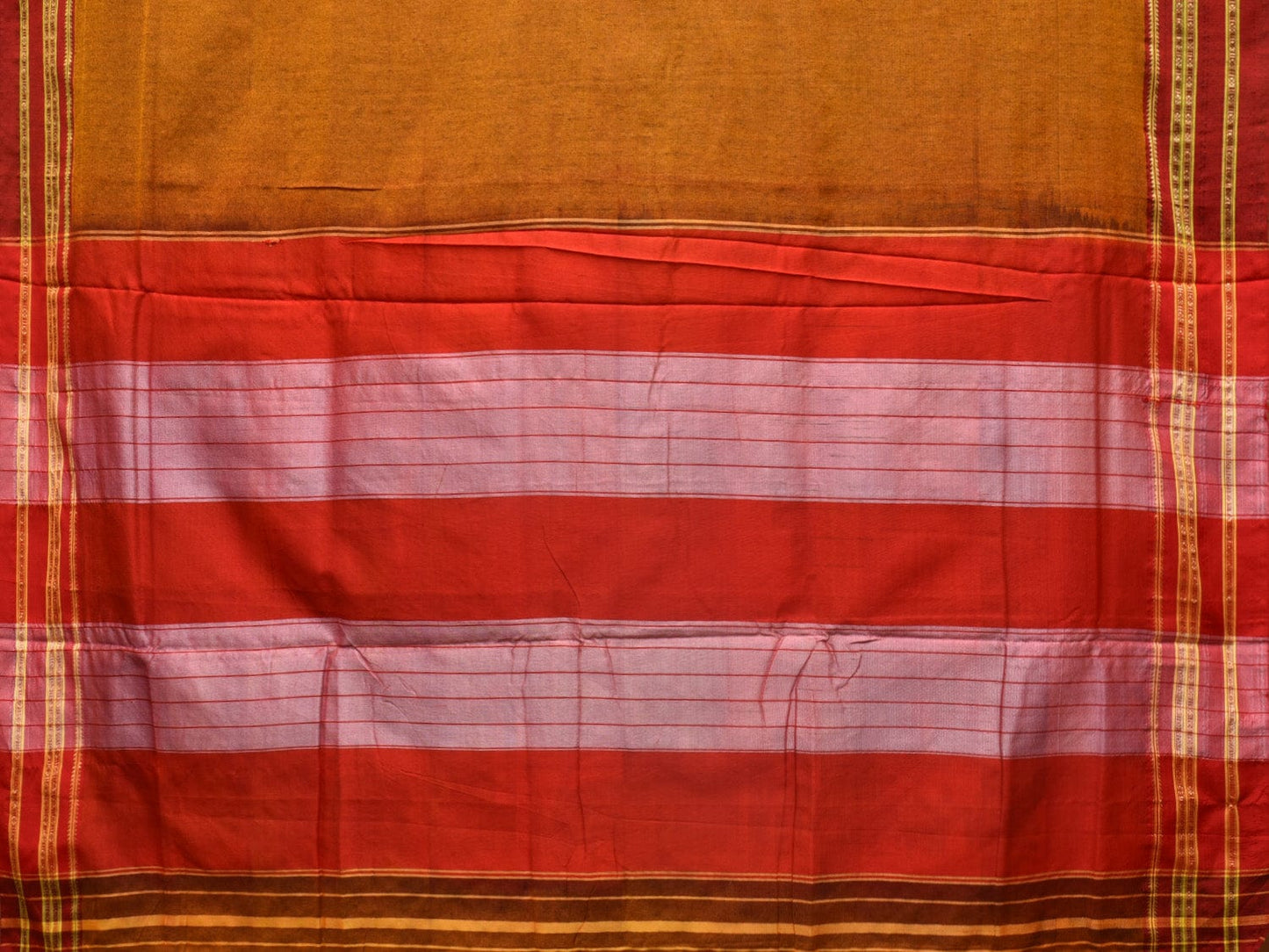 Mustard and Red ilkal Cotton Plain Saree with Zari Border Design o0447