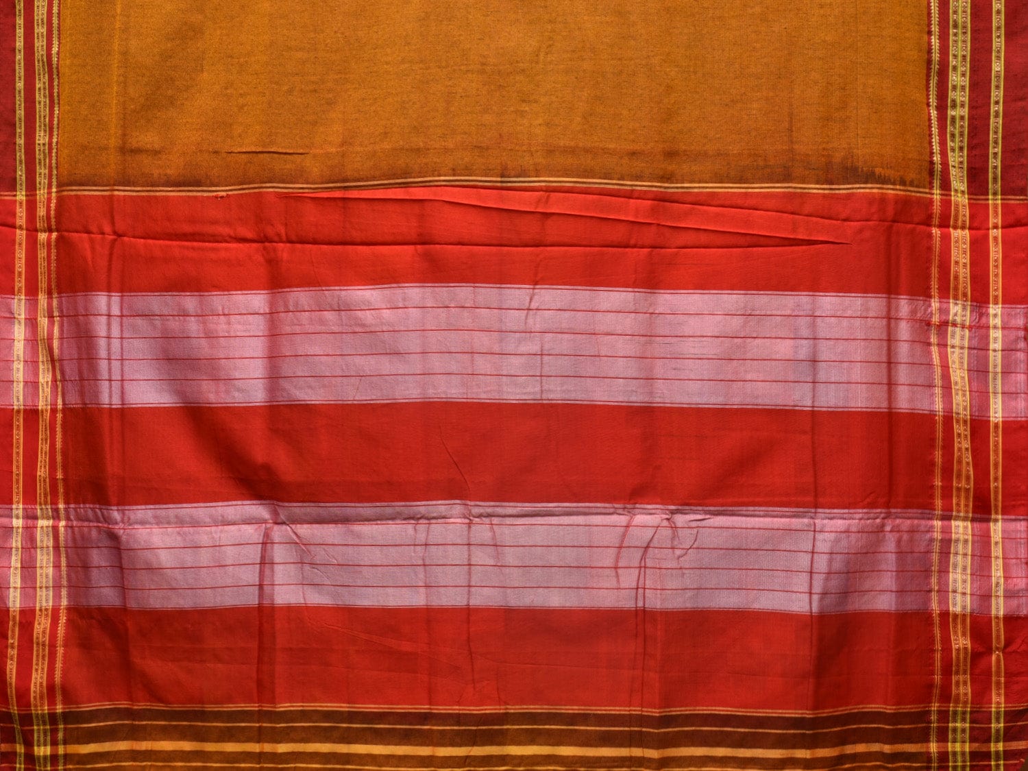 Mustard and Red ilkal Cotton Plain Saree with Zari Border Design o0447