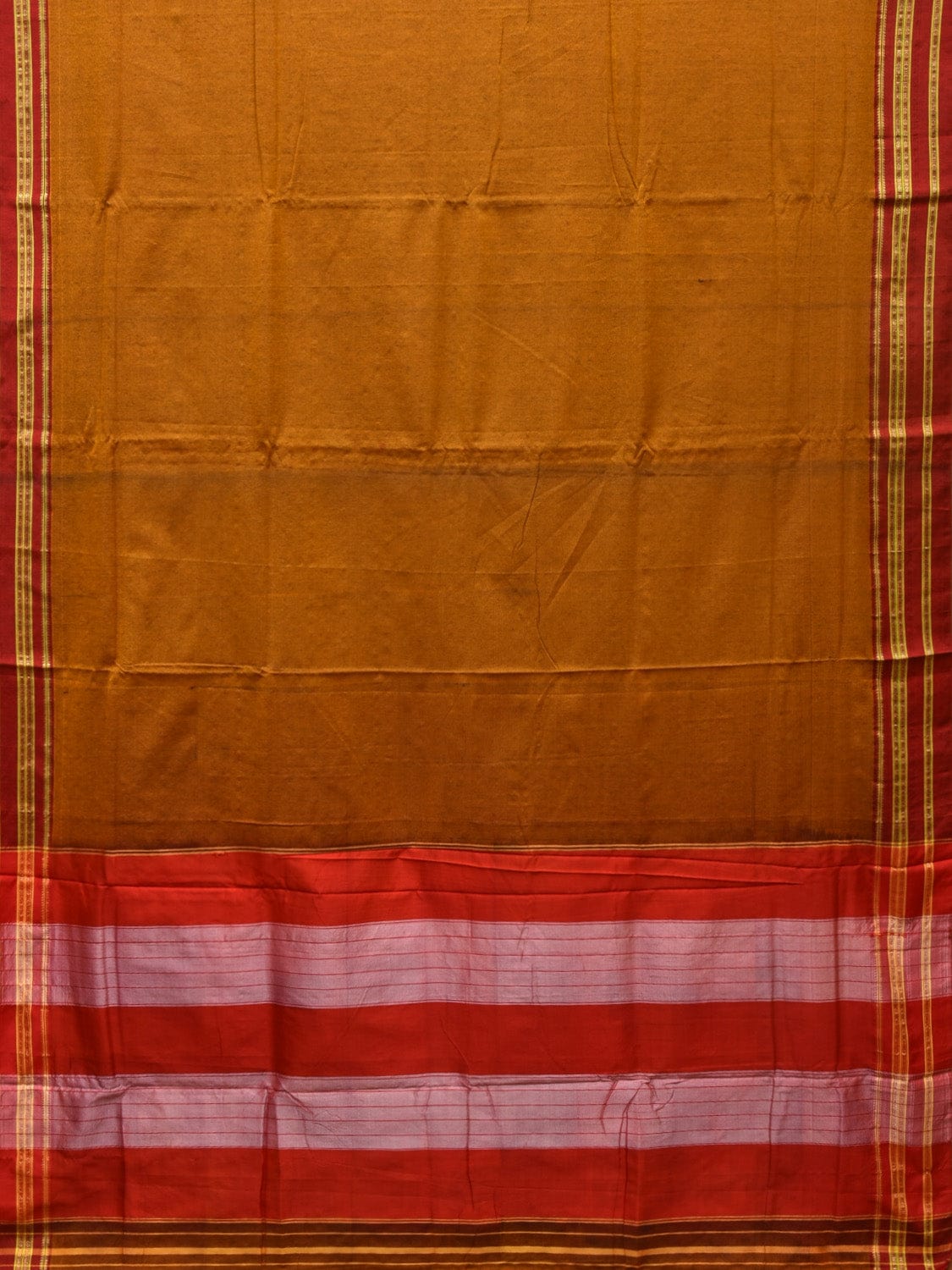 Mustard and Red ilkal Cotton Plain Saree with Zari Border Design o0447
