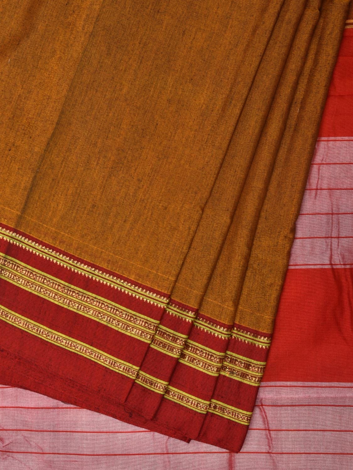Mustard and Red ilkal Cotton Plain Saree with Zari Border Design o0447