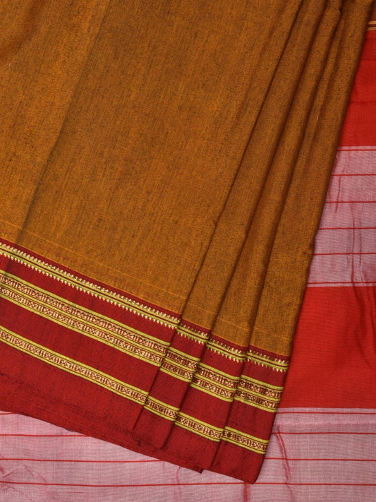 Mustard and Red ilkal Cotton Plain Saree with Zari Border Design o0447