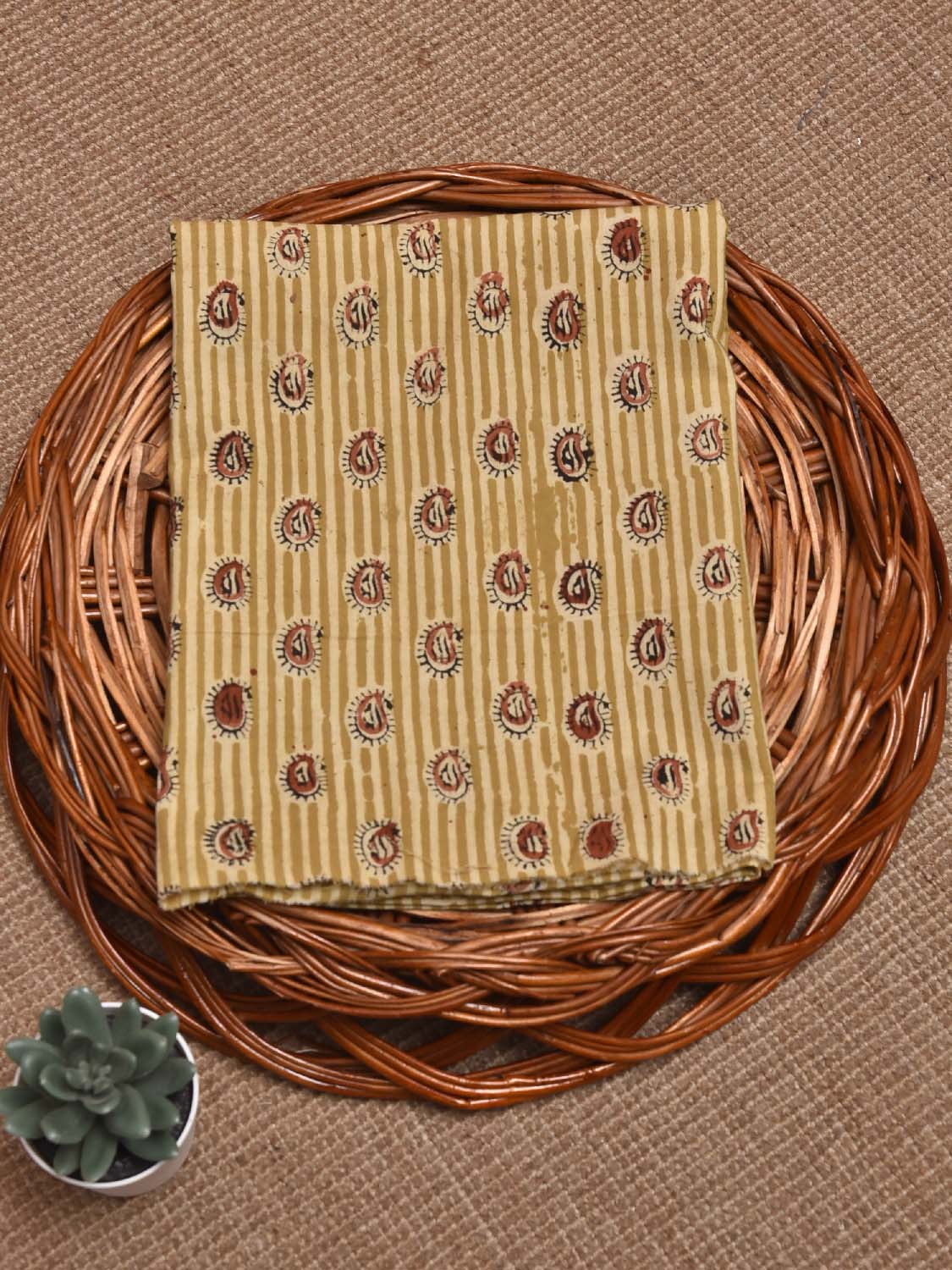 Mustard and Red Kalamkari Block Print Cotton Blouse with Strips and Buta Design Length 1mt Width 44 Inches BL0130