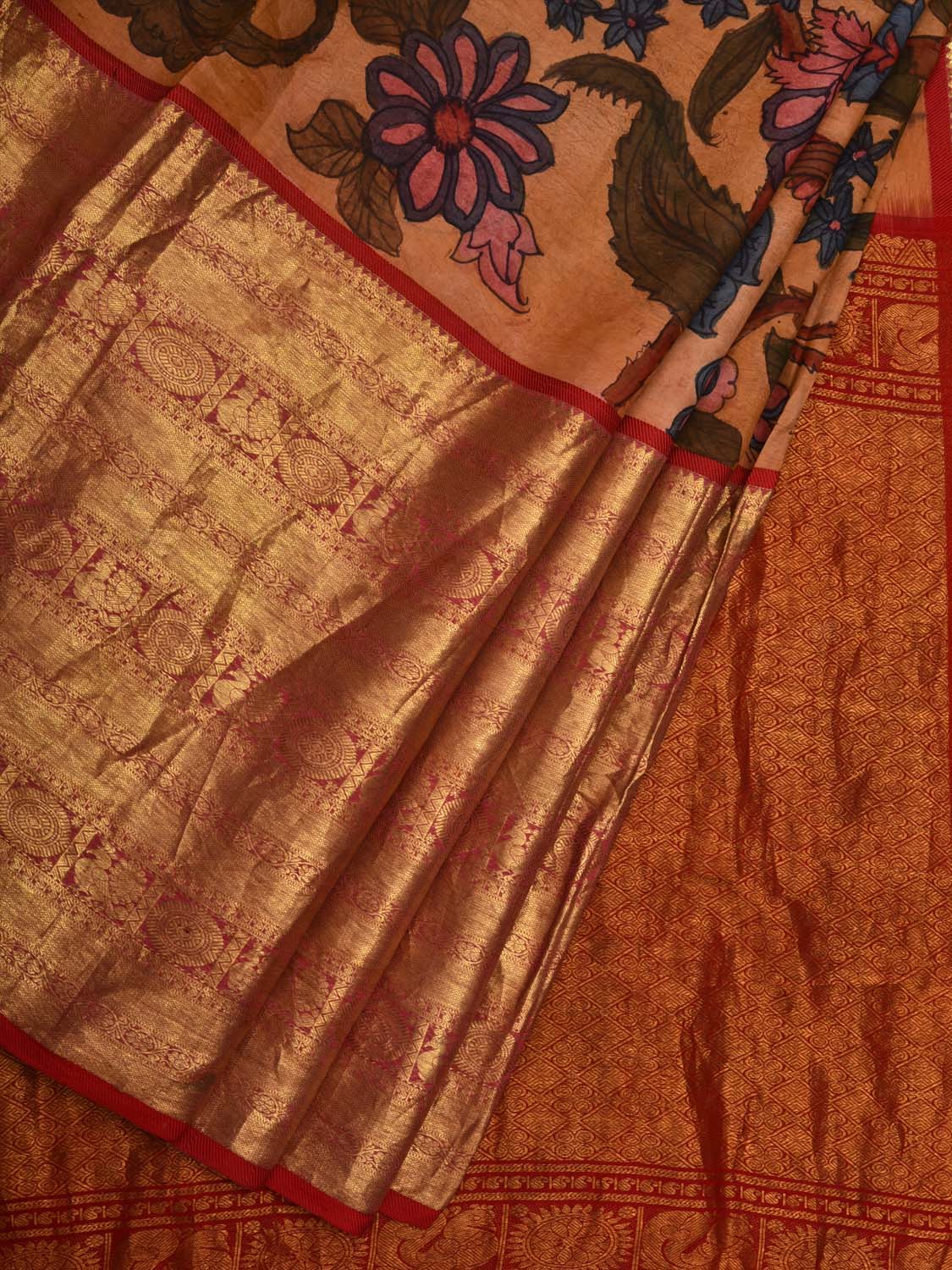 Mustard and Red Kalamkari Hand Painted Kanchipuram Silk Handloom Saree with Big Border and Floral Design KL0598