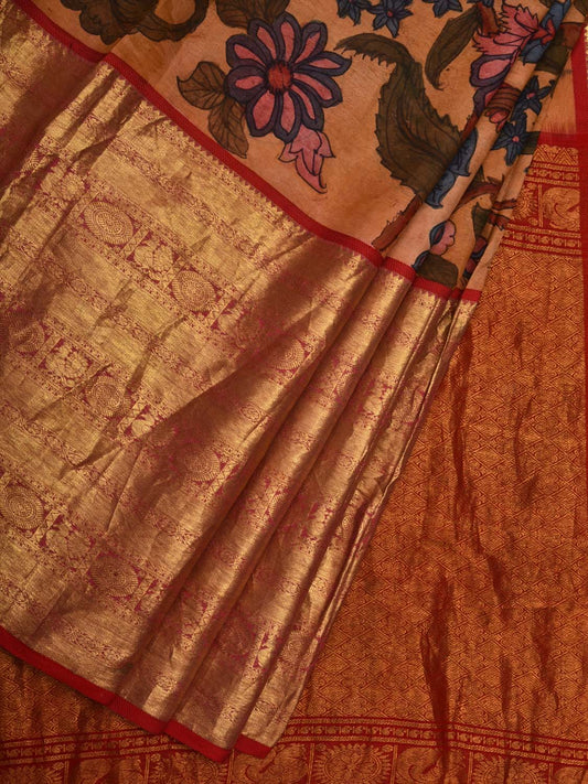 Mustard and Red Kalamkari Hand Painted Kanchipuram Silk Handloom Saree with Big Border and Floral Design KL0598