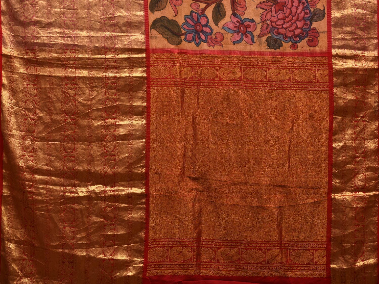Mustard and Red Kalamkari Hand Painted Kanchipuram Silk Handloom Saree with Big Border and Floral Design KL0598