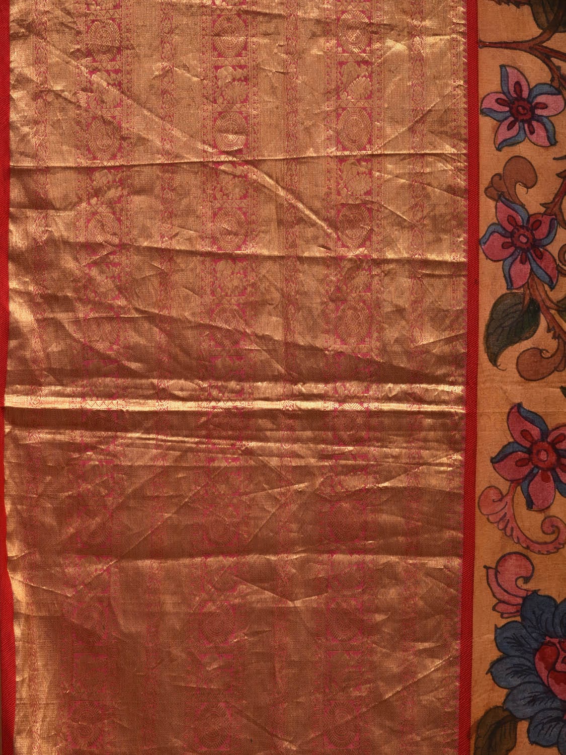 Mustard and Red Kalamkari Hand Painted Kanchipuram Silk Handloom Saree with Big Border and Floral Design KL0598