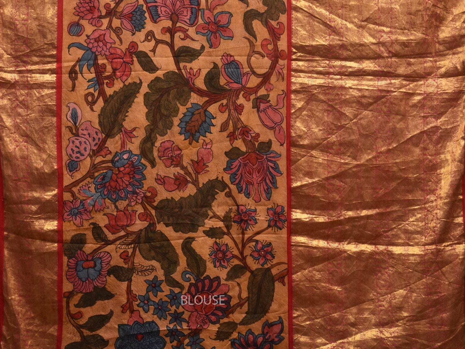 Mustard and Red Kalamkari Hand Painted Kanchipuram Silk Handloom Saree with Big Border and Floral Design KL0598