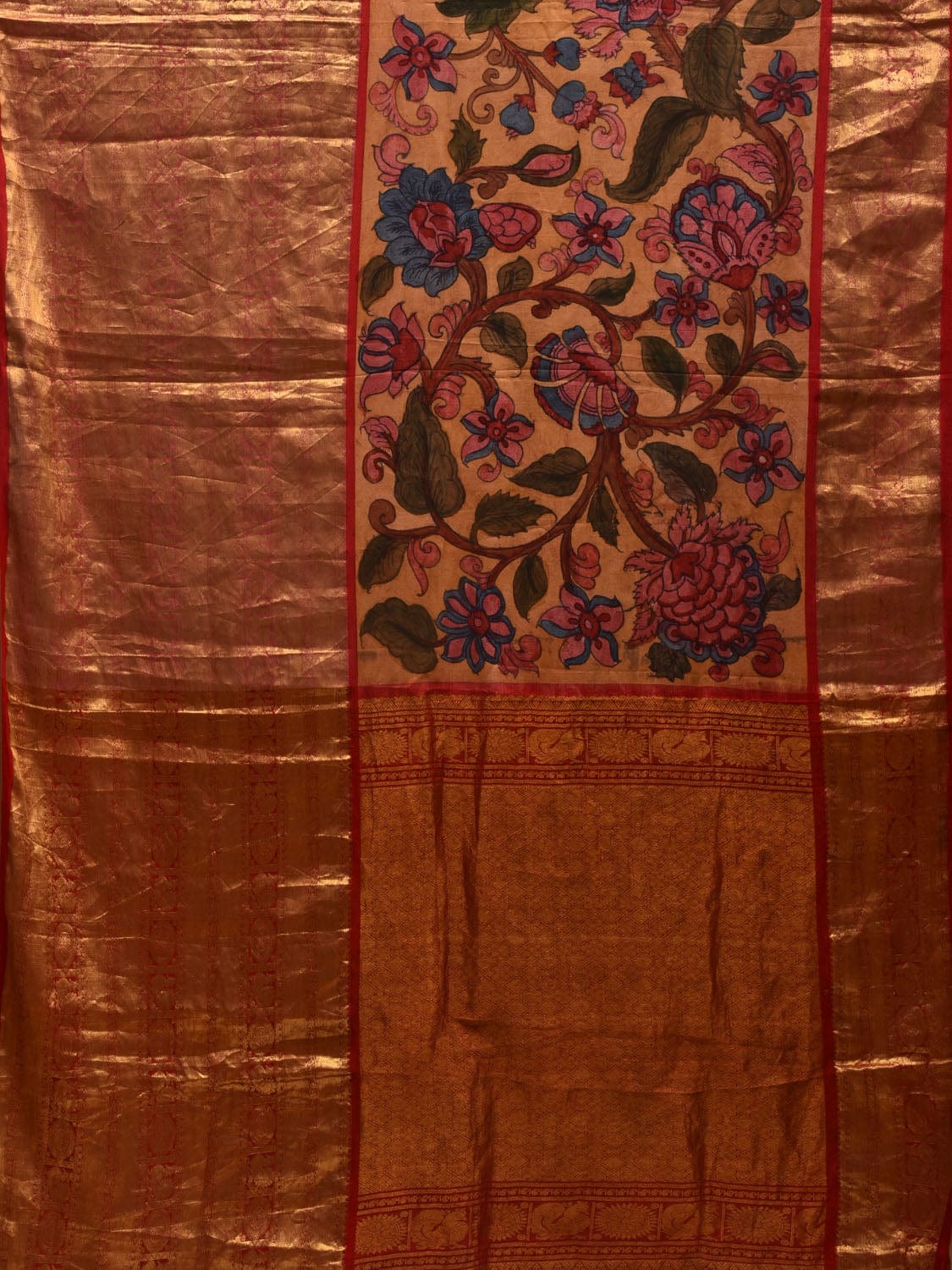 Mustard and Red Kalamkari Hand Painted Kanchipuram Silk Handloom Saree with Big Border and Floral Design KL0598