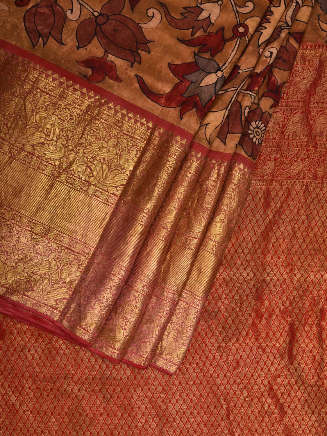 Mustard and Red Kalamkari Hand Painted Kanchipuram Silk Handloom Saree with Floral Design KL0602