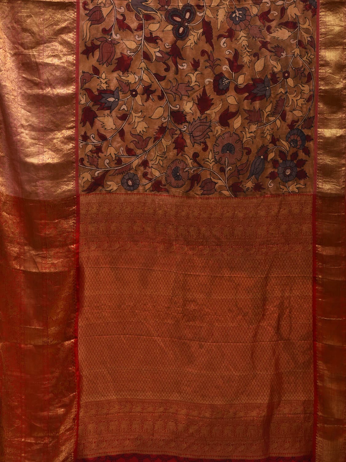 Mustard and Red Kalamkari Hand Painted Kanchipuram Silk Handloom Saree with Floral Design KL0602