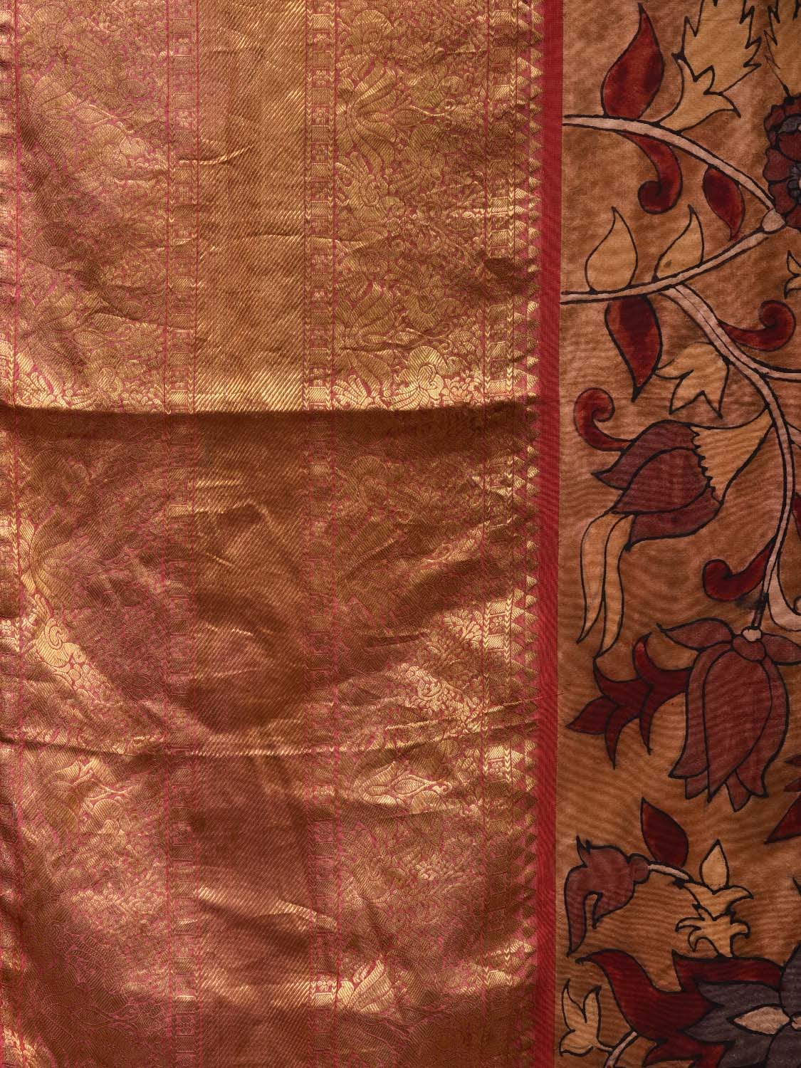 Mustard and Red Kalamkari Hand Painted Kanchipuram Silk Handloom Saree with Floral Design KL0602