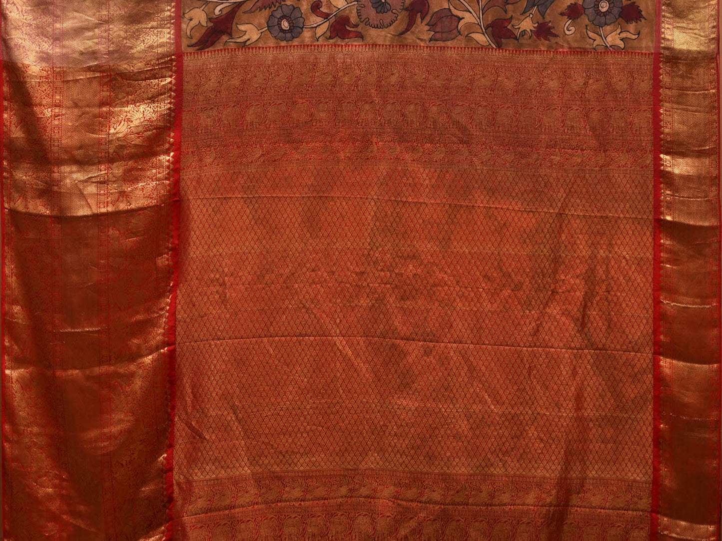 Mustard and Red Kalamkari Hand Painted Kanchipuram Silk Handloom Saree with Floral Design KL0602