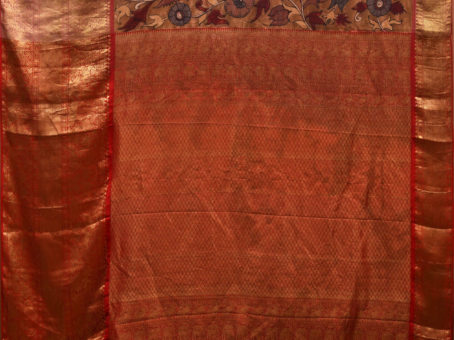 Mustard and Red Kalamkari Hand Painted Kanchipuram Silk Handloom Saree with Floral Design KL0602