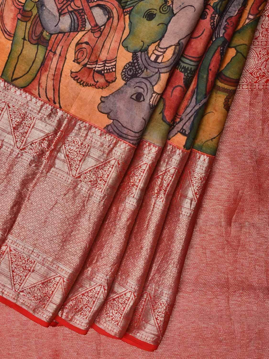 Mustard and Red Kalamkari Hand Painted Kanchipuram Silk Handloom Saree with Krishna Leela Design KL0500