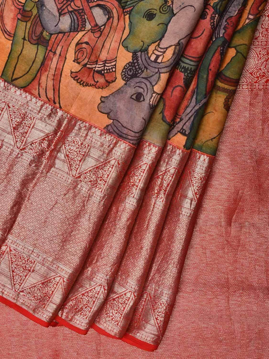 Mustard and Red Kalamkari Hand Painted Kanchipuram Silk Handloom Saree with Krishna Leela Design KL0500