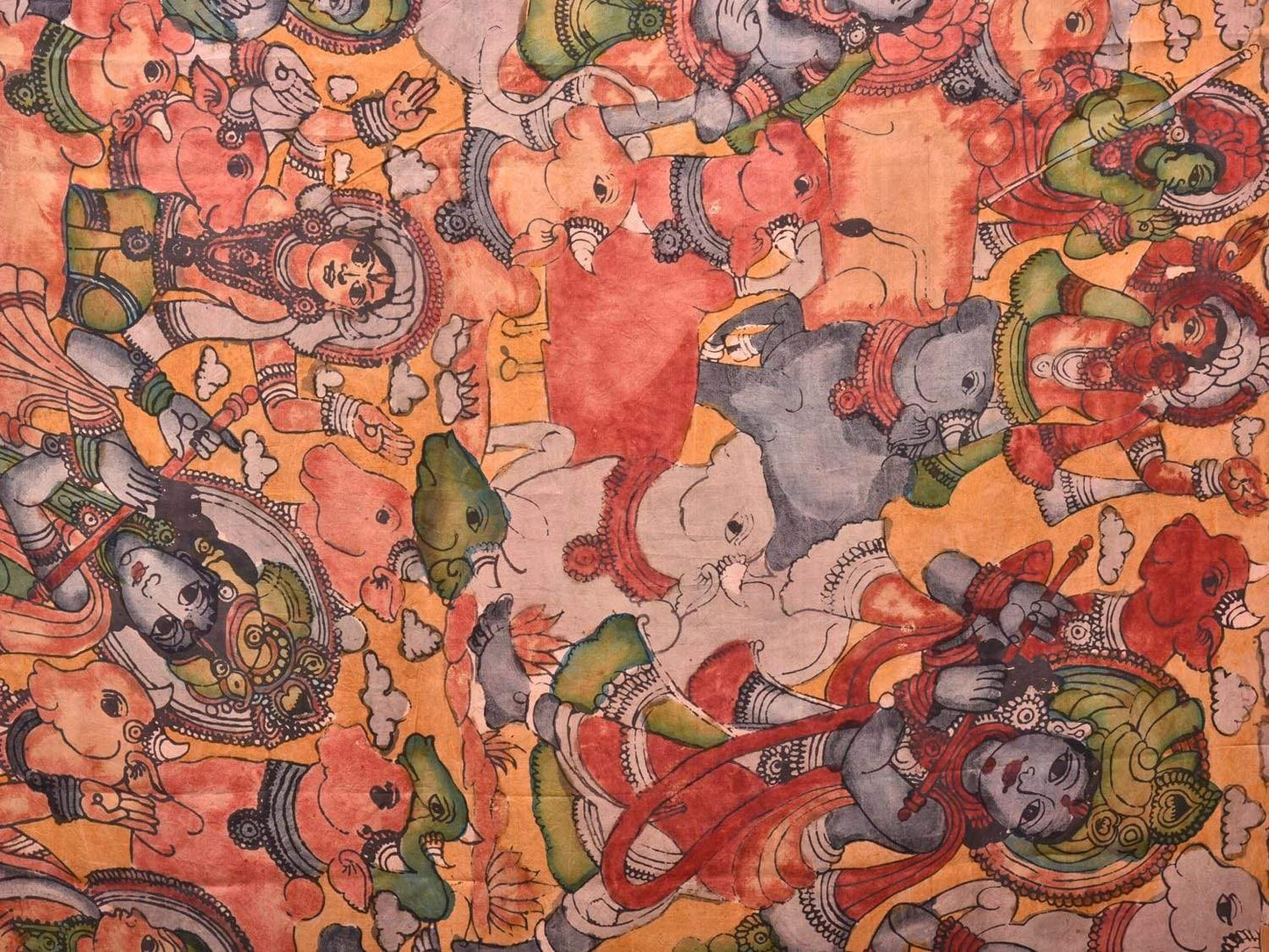 Mustard and Red Kalamkari Hand Painted Kanchipuram Silk Handloom Saree with Krishna Leela Design KL0500