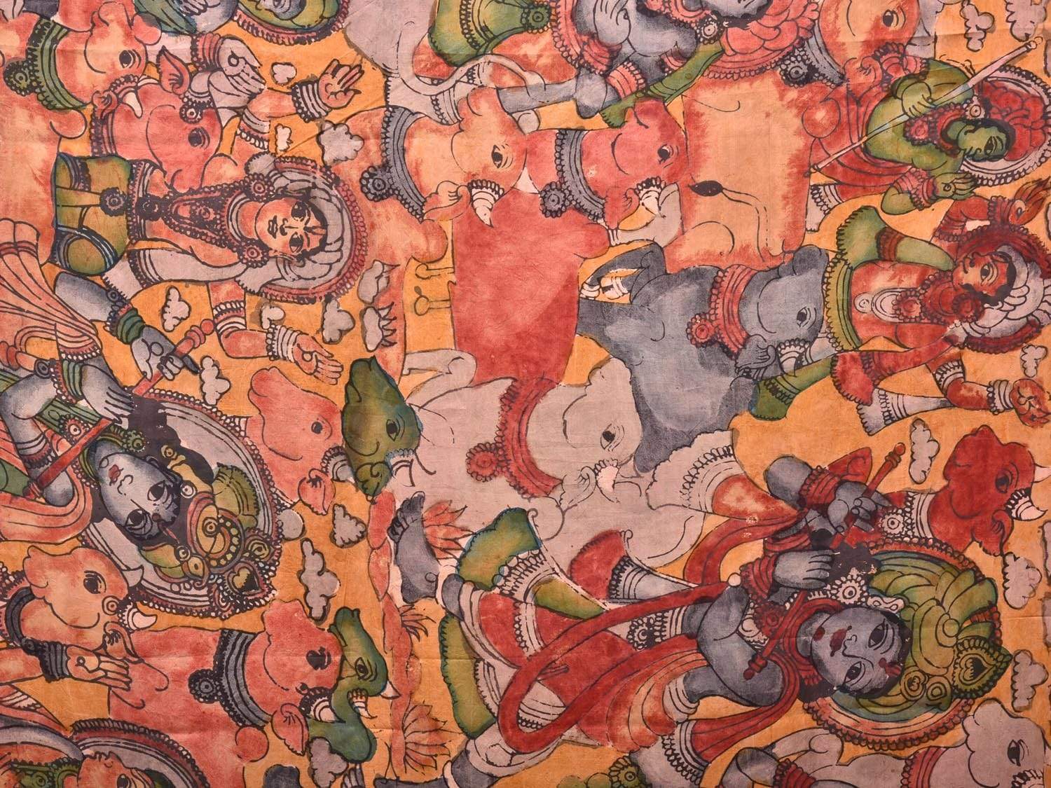 Mustard and Red Kalamkari Hand Painted Kanchipuram Silk Handloom Saree with Krishna Leela Design KL0500