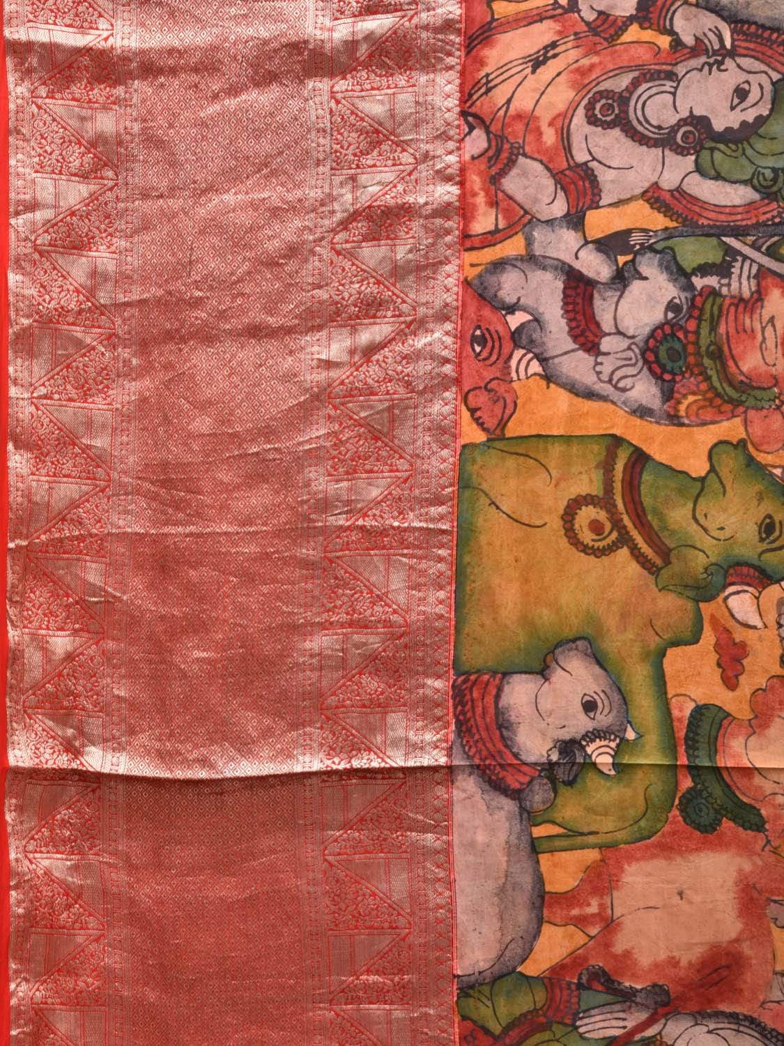 Mustard and Red Kalamkari Hand Painted Kanchipuram Silk Handloom Saree with Krishna Leela Design KL0500