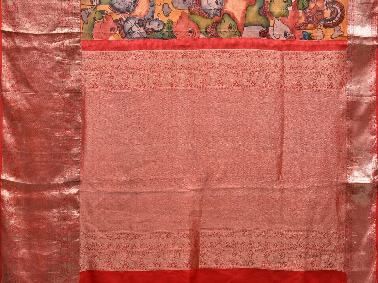 Mustard and Red Kalamkari Hand Painted Kanchipuram Silk Handloom Saree with Krishna Leela Design KL0500