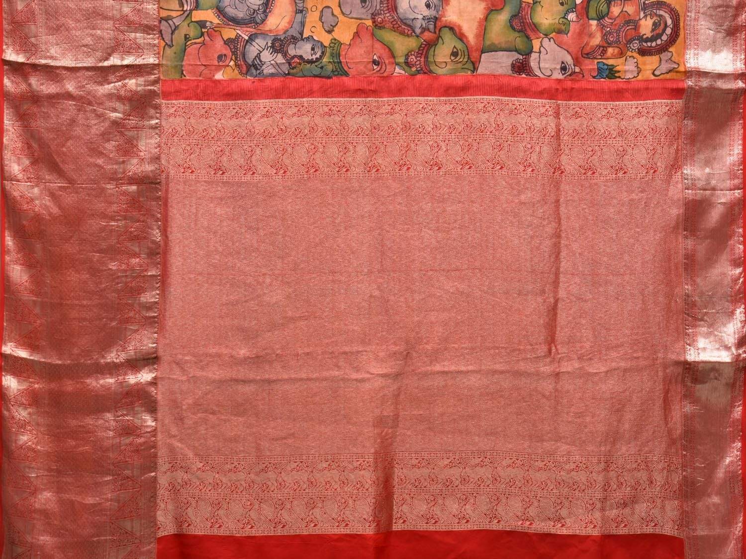 Mustard and Red Kalamkari Hand Painted Kanchipuram Silk Handloom Saree with Krishna Leela Design KL0500