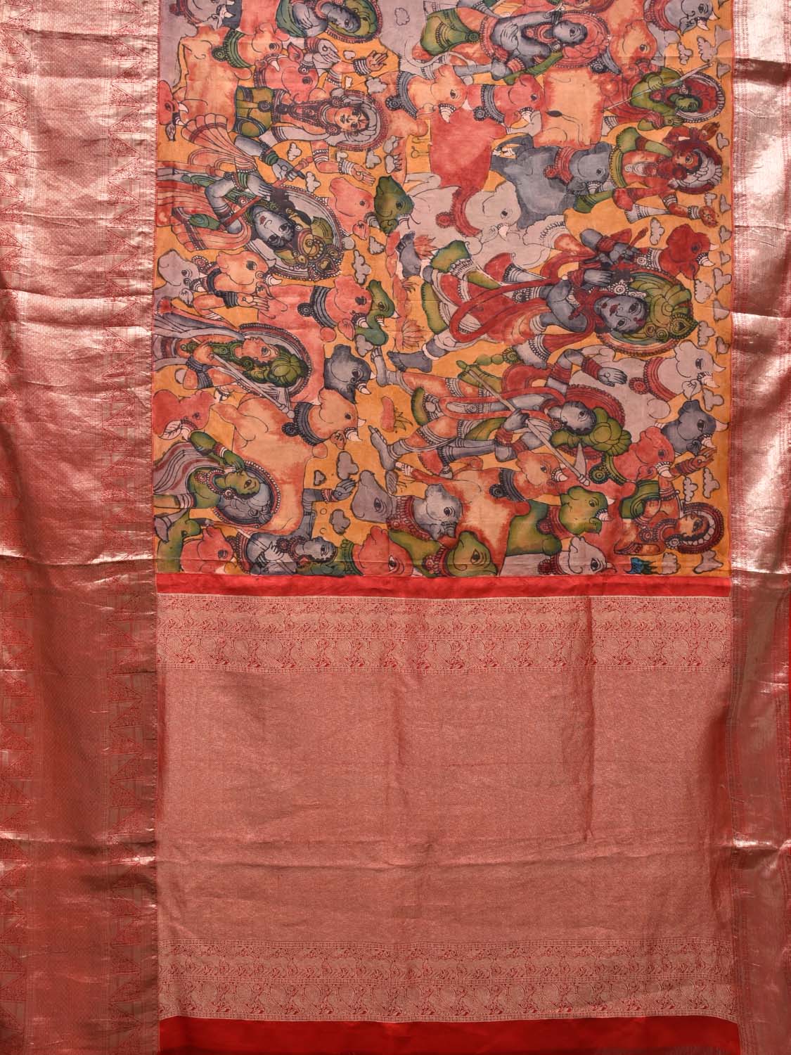 Mustard and Red Kalamkari Hand Painted Kanchipuram Silk Handloom Saree with Krishna Leela Design KL0500