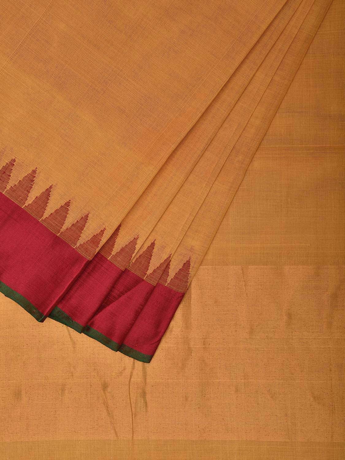 Mustard and Red Khadi Cotton Handloom Plain Saree with Temple Border Design kh0688