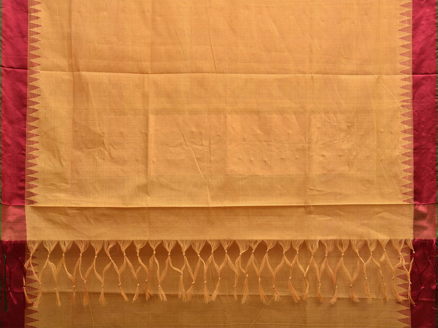 Mustard and Red Khadi Cotton Handloom Plain Saree with Temple Border Design kh0688