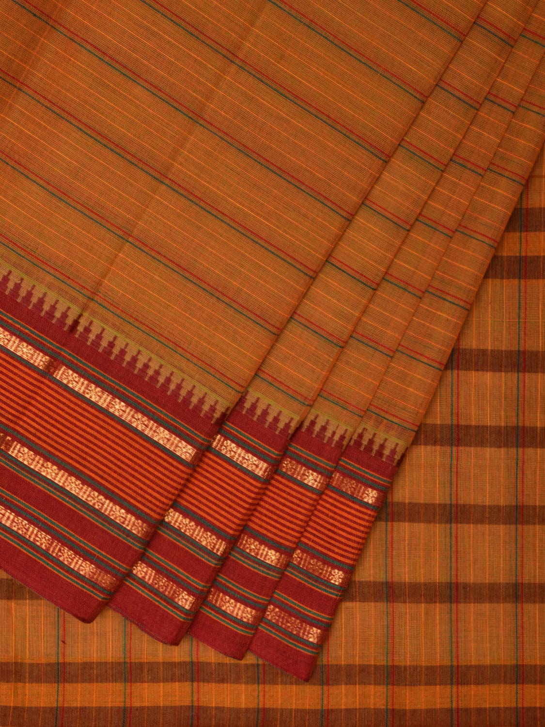 Mustard and Rust Narayanpet Cotton Handloom Saree with Strips Design No Blouse np1008