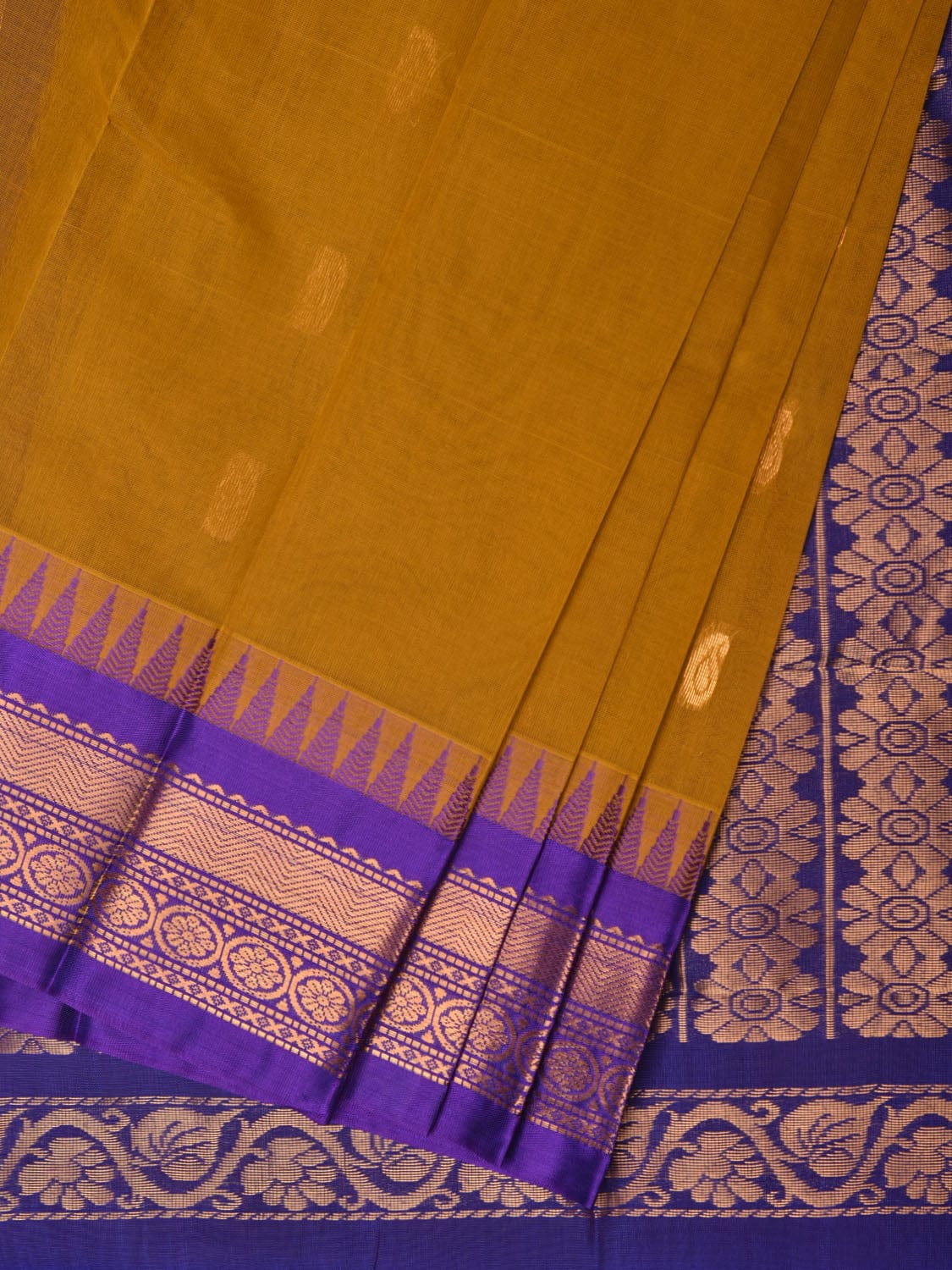 Mustard and Violet Gadwal Cotton Plain Saree with Body Buta and Pallu Design No Blouse g0359
