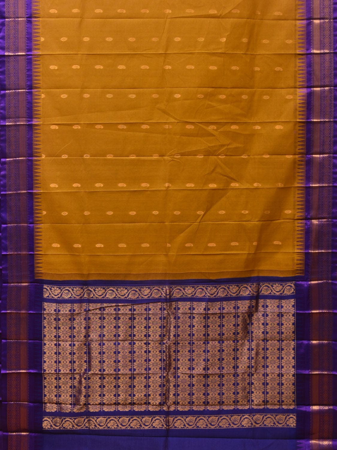 Mustard and Violet Gadwal Cotton Plain Saree with Body Buta and Pallu Design No Blouse g0359