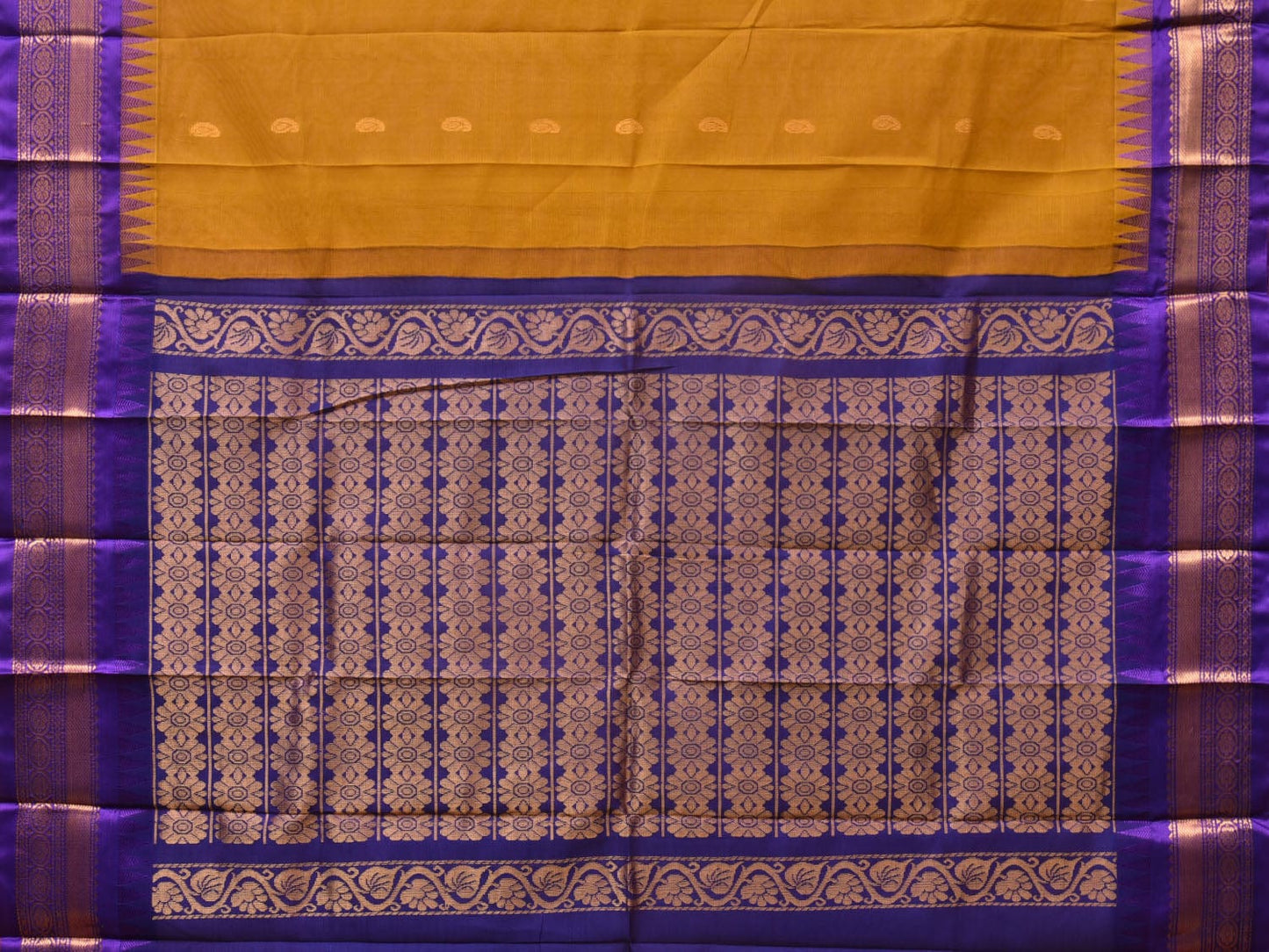 Mustard and Violet Gadwal Cotton Plain Saree with Body Buta and Pallu Design No Blouse g0359