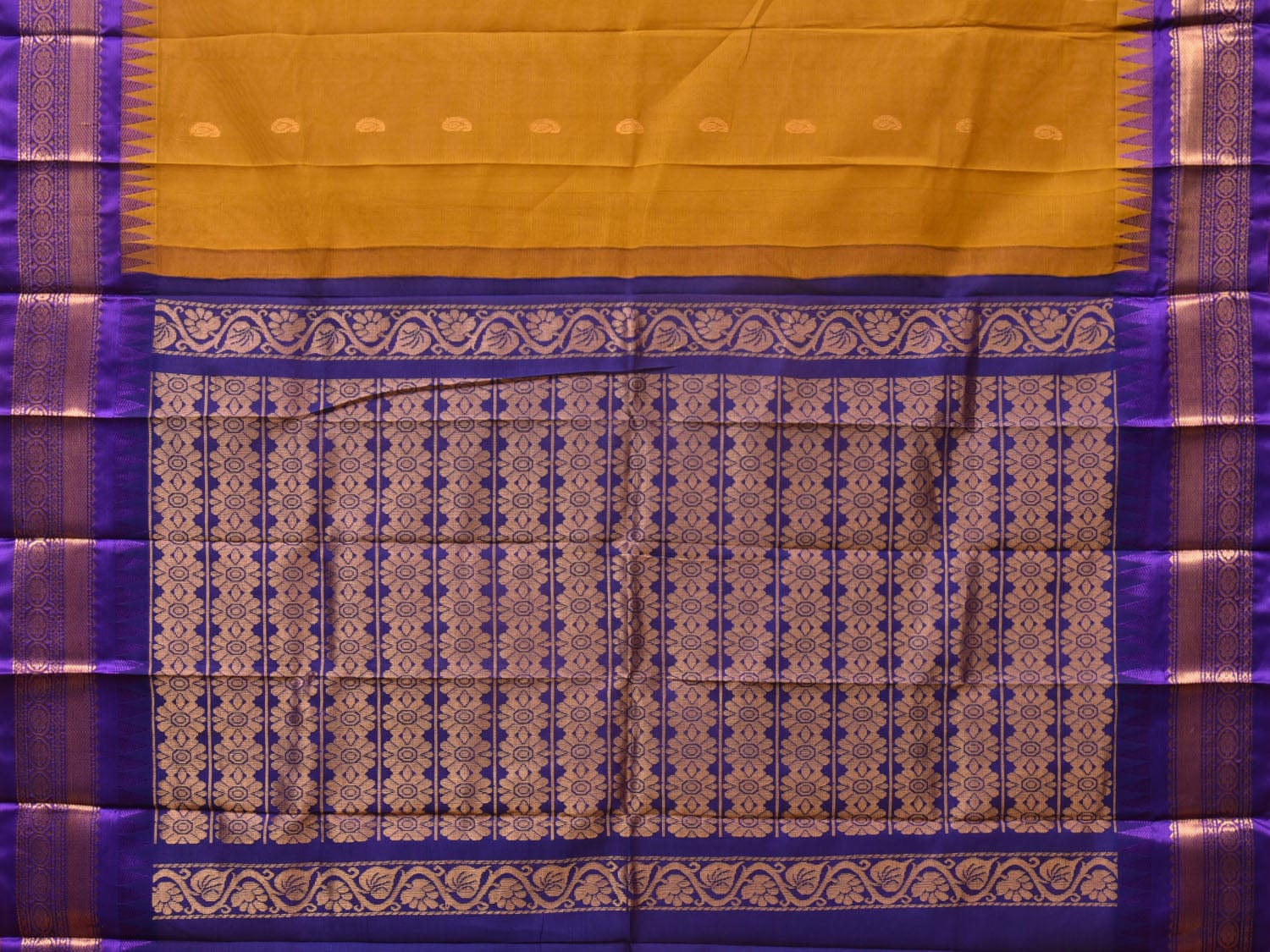 Mustard and Violet Gadwal Cotton Plain Saree with Body Buta and Pallu Design No Blouse g0359