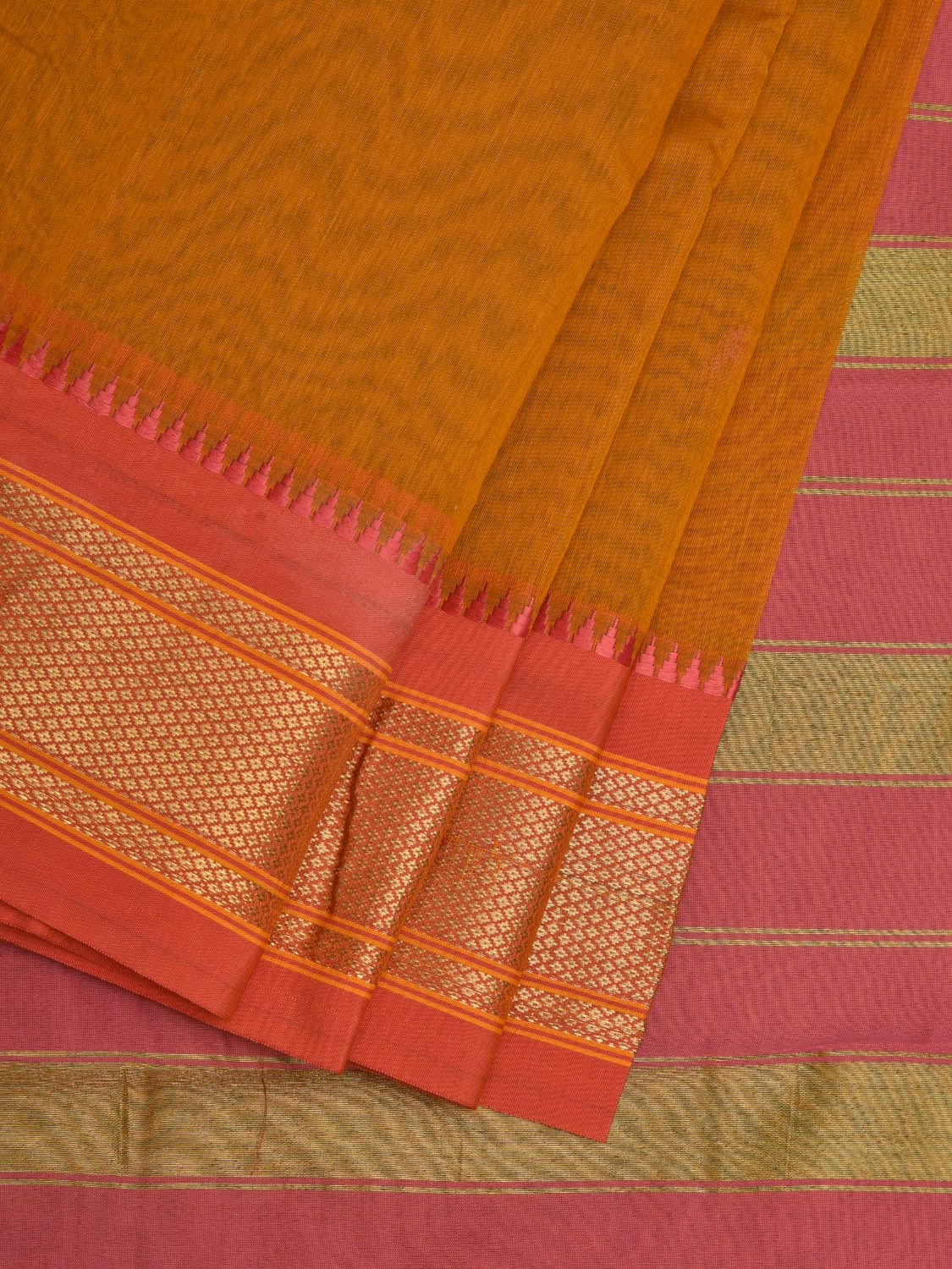Mustard Bamboo Cotton Plain Saree with Narayanpet Border Design No Blouse o0352