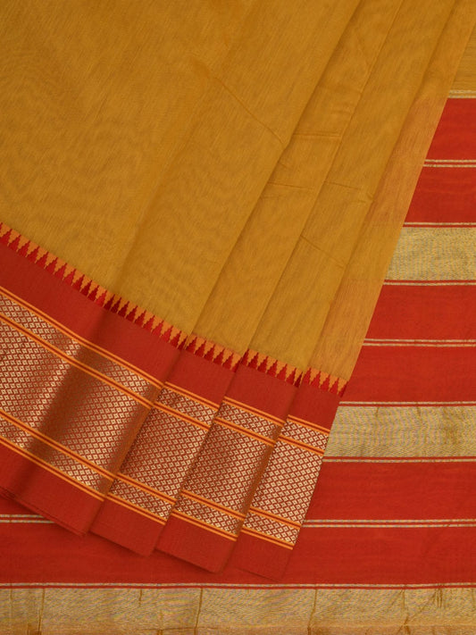 Mustard Bamboo Cotton Plain Saree with Paithani Border Design No Blouse o0340