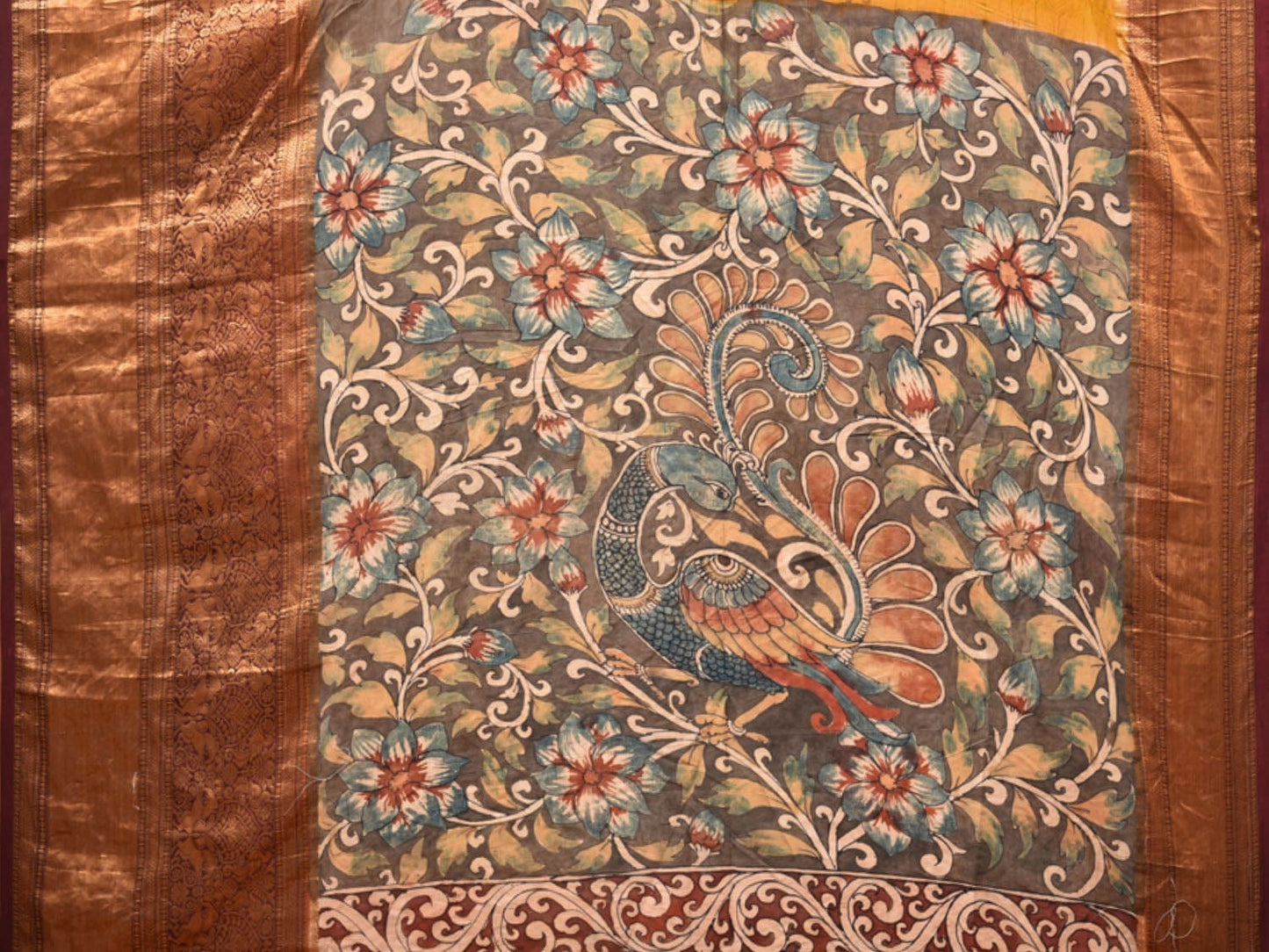 Mustard Bandhani Kanchipuram Silk Handloom Saree with Kalamkari Pallu and Blouse Design bn0479