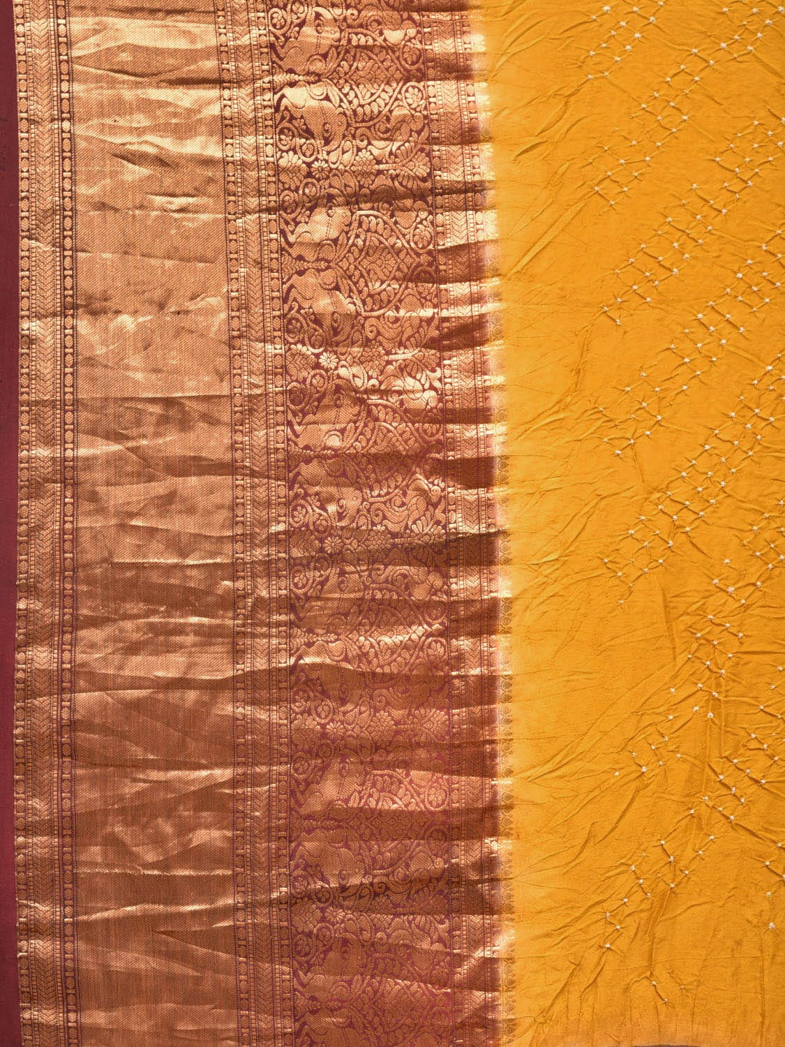 Mustard Bandhani Kanchipuram Silk Handloom Saree with Kalamkari Pallu and Blouse Design bn0479