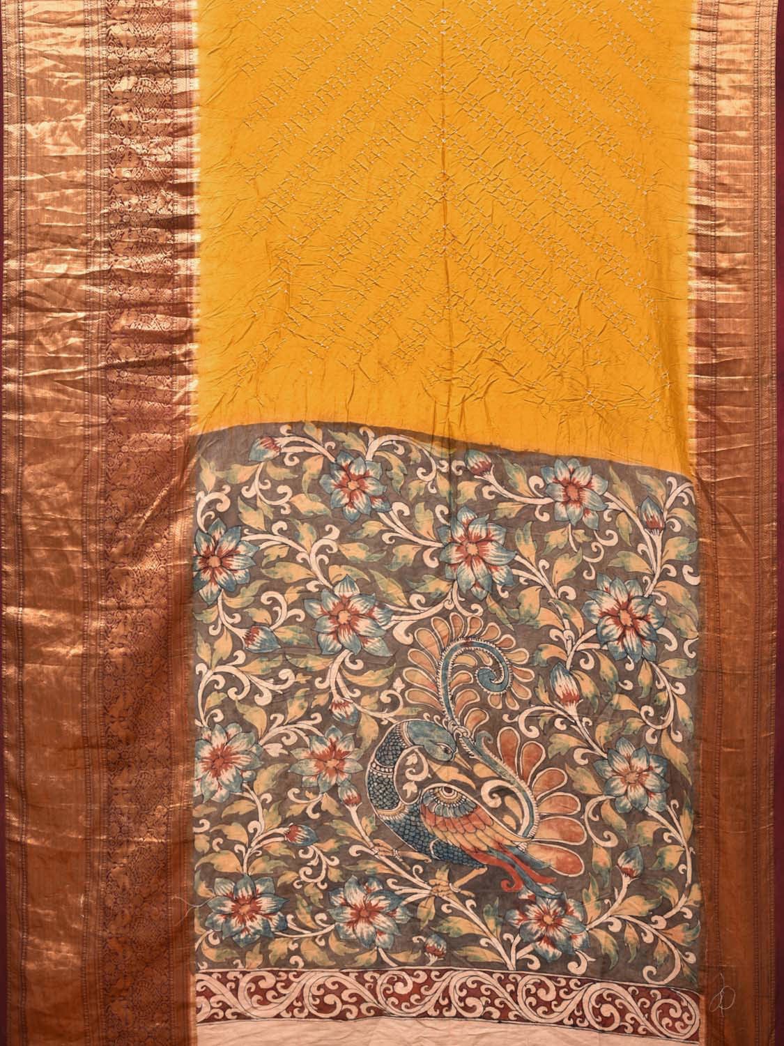 Mustard Bandhani Kanchipuram Silk Handloom Saree with Kalamkari Pallu and Blouse Design bn0479