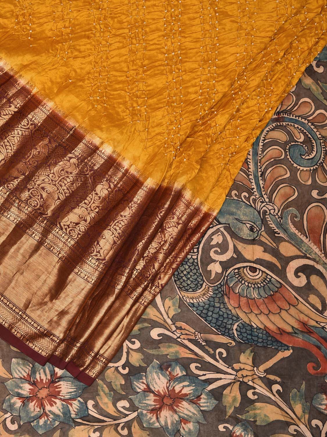 Mustard Bandhani Kanchipuram Silk Handloom Saree with Kalamkari Pallu and Blouse Design bn0479